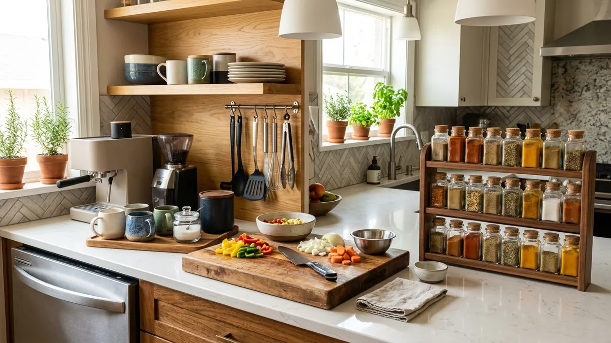 Kitchen countertop organized into functional zones including a coffee station tray, prep board, and tiered spice organizer rack