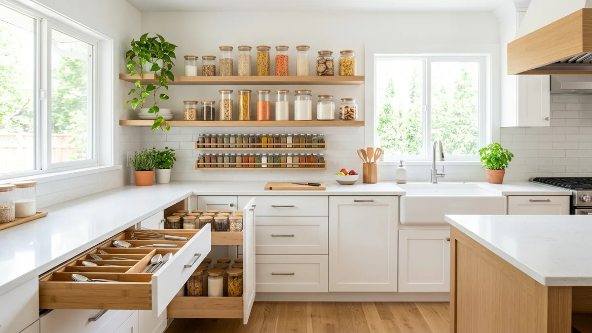 Bright modern kitchen with open shelving, labeled pantry jars, and neatly arranged countertop organizers