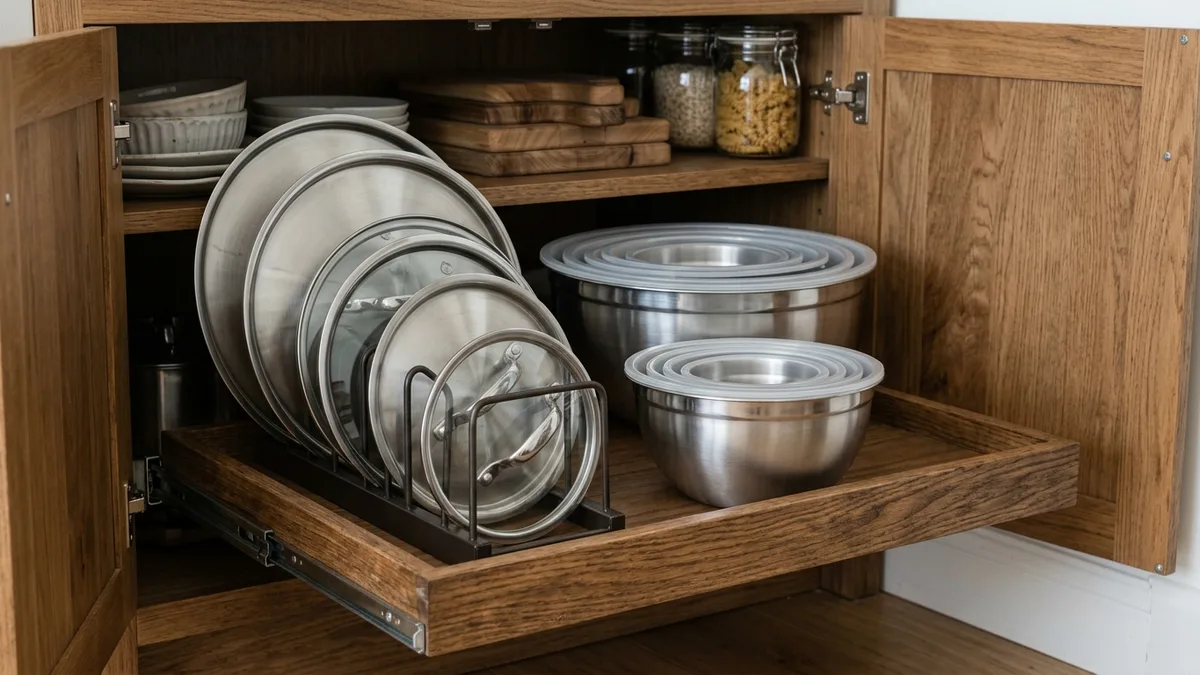Kitchen cabinet interior with vertical lid rack, pull-out shelf organizer, and nested mixing bowls