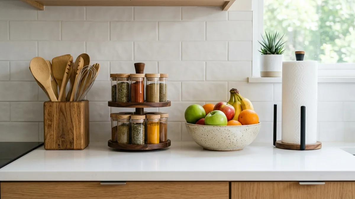 Clean kitchen countertop with wooden utensil holder, rotating spice carousel, and minimal organized accessories