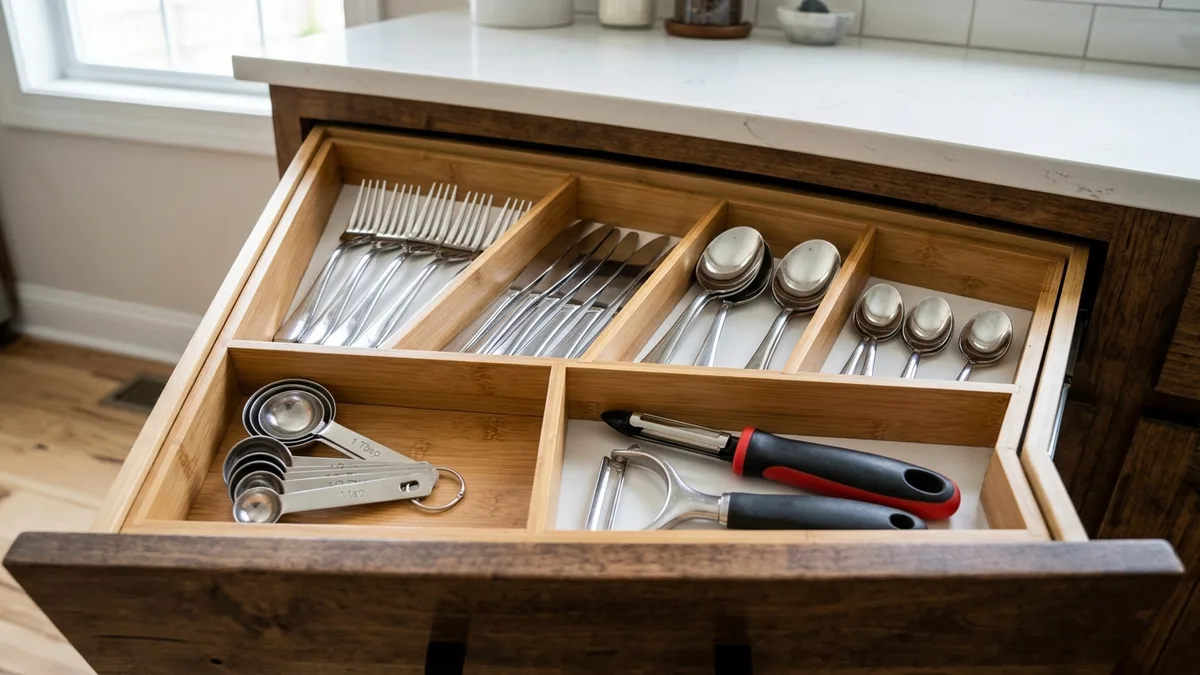 Open kitchen drawer with bamboo organizer tray holding sorted utensils and measuring spoons