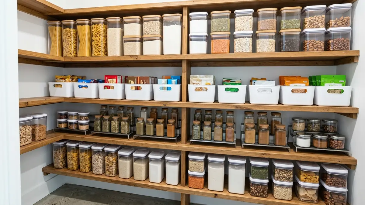 Organized kitchen pantry with labeled clear square canisters and stackable food storage containers on tiered shelves