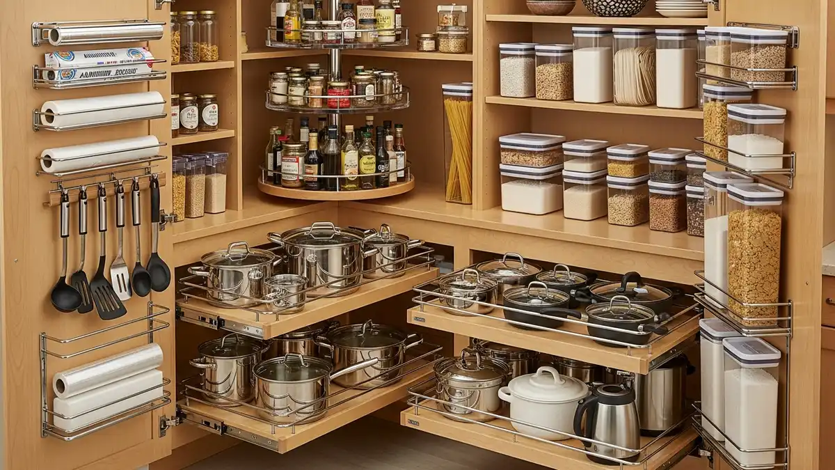 Kitchen cabinet organizers with pull-out shelves and door-mounted storage solutions