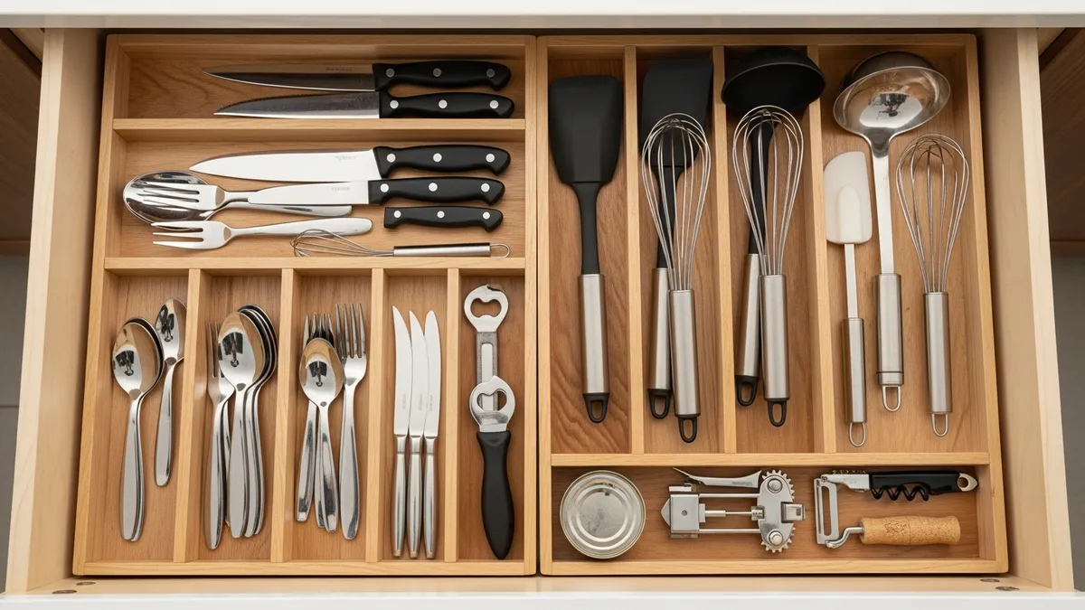 Kitchen drawer organization with dividers and compartments for utensils and kitchen tools