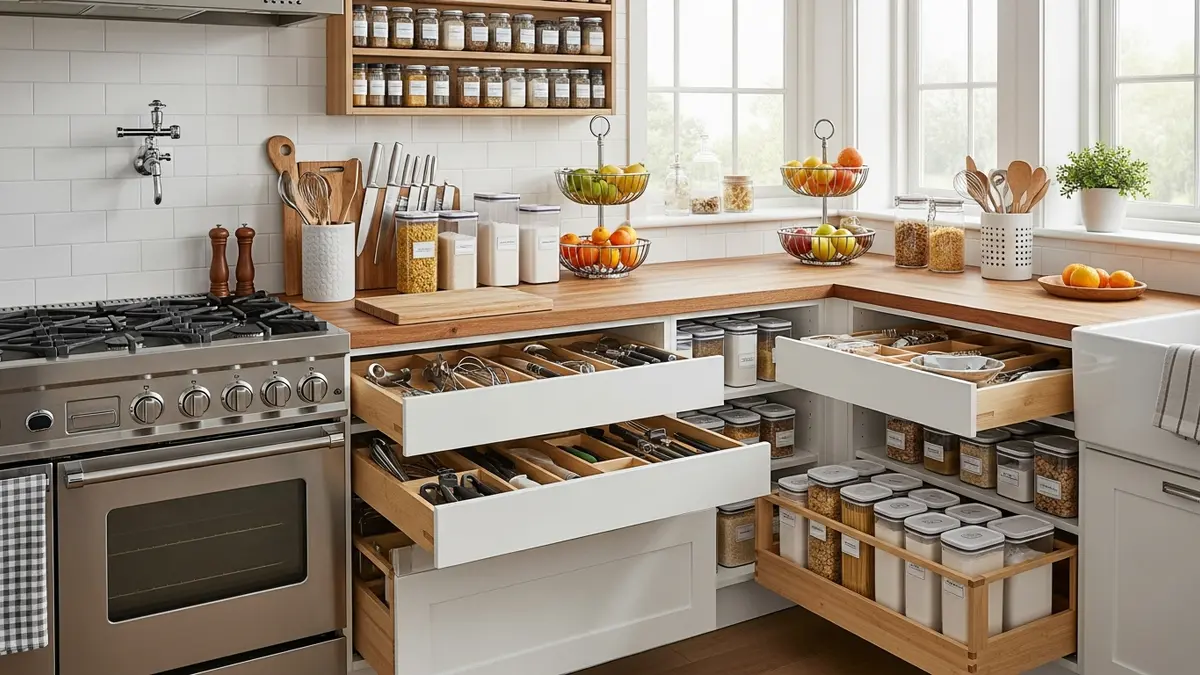 Modern kitchen with various kitchen organizer ideas including drawer organizers, spice racks, and storage containers
