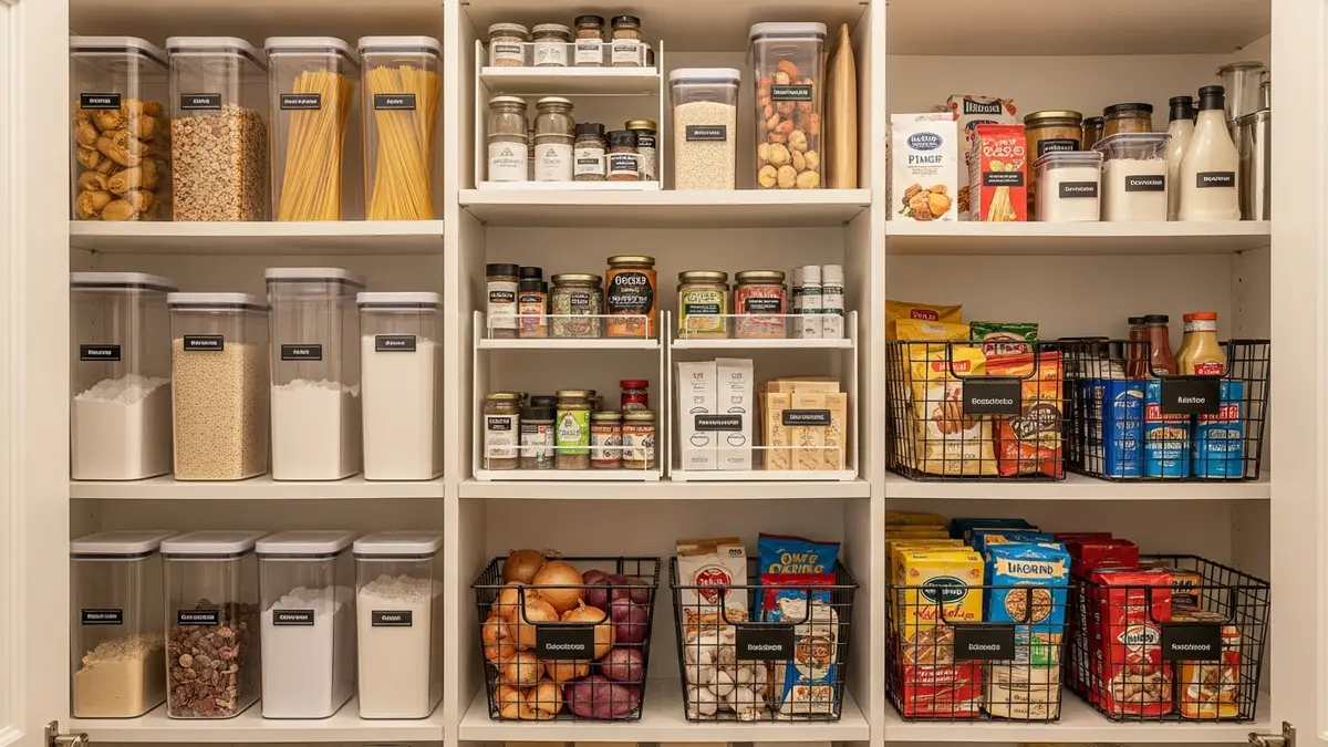 Organized kitchen pantry with clear containers, labels, and wire basket organizers