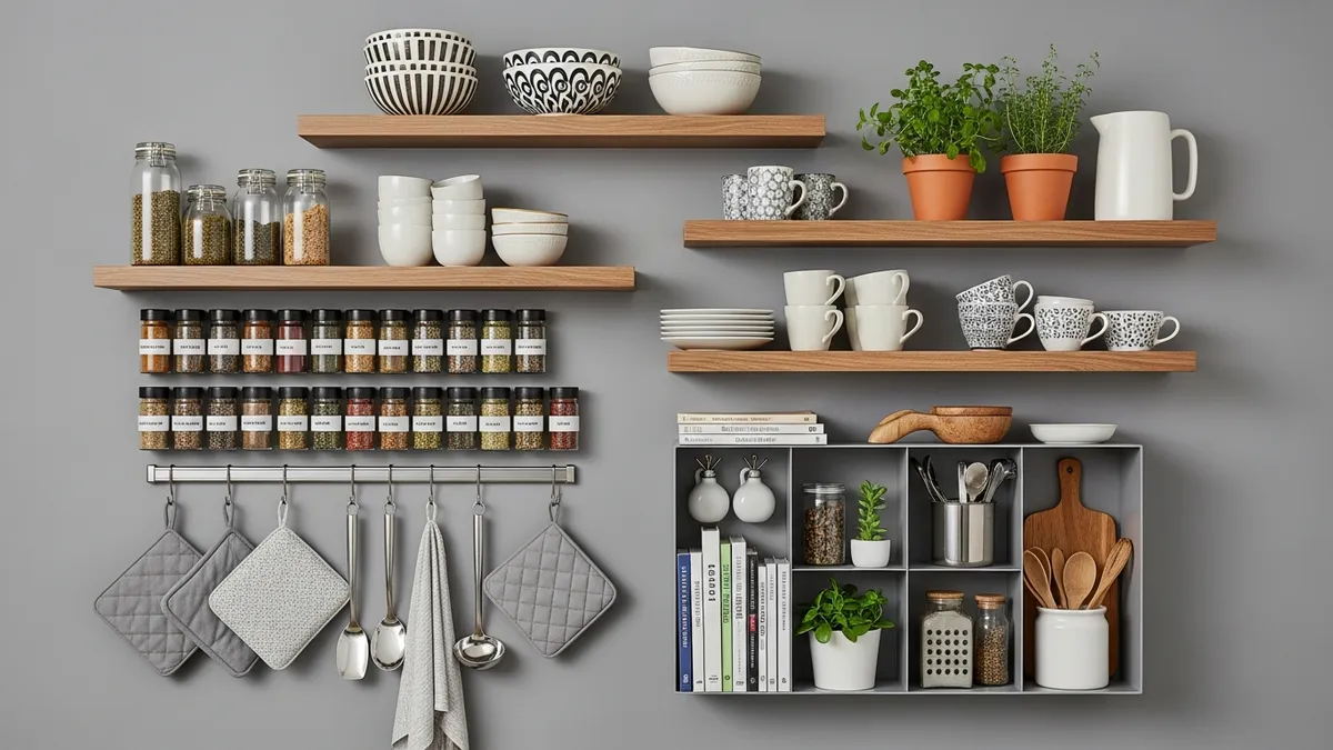 Vertical kitchen storage with wall-mounted organizers, spice racks, and floating shelves