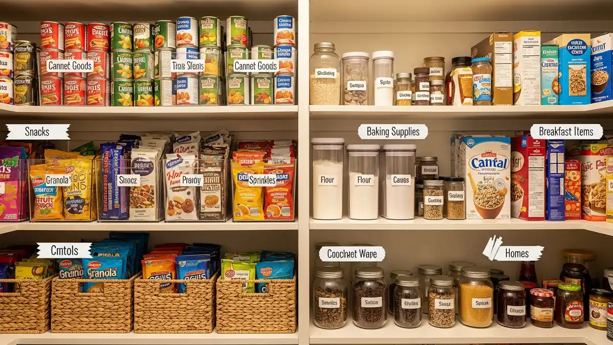 Pantry organization zones with designated areas for different food categories and storage solutions