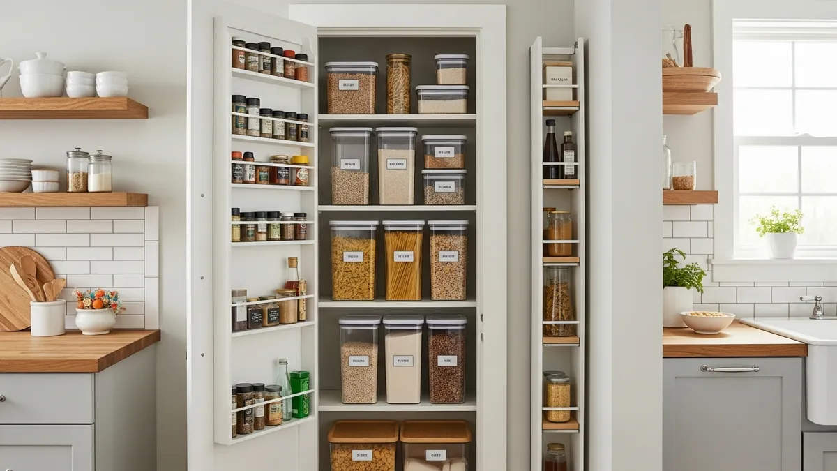 Small kitchen pantry organization ideas showing space-saving storage solutions and vertical organization