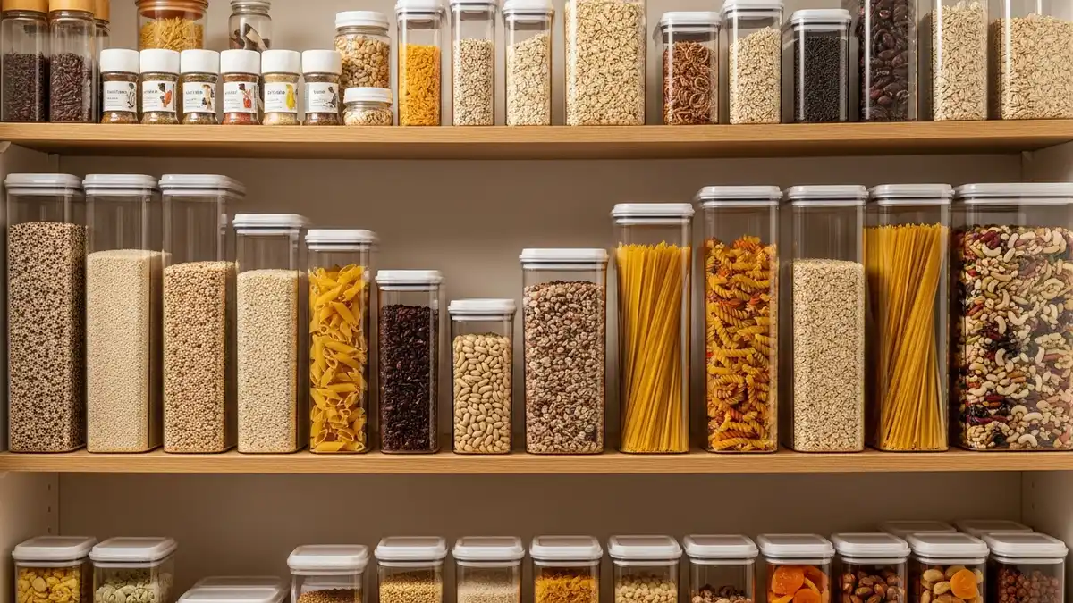 Airtight storage containers for kitchen pantry organization with different sizes for various food items