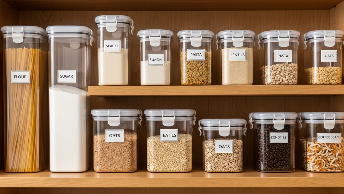 Clear airtight food storage containers organized on pantry shelves with labels