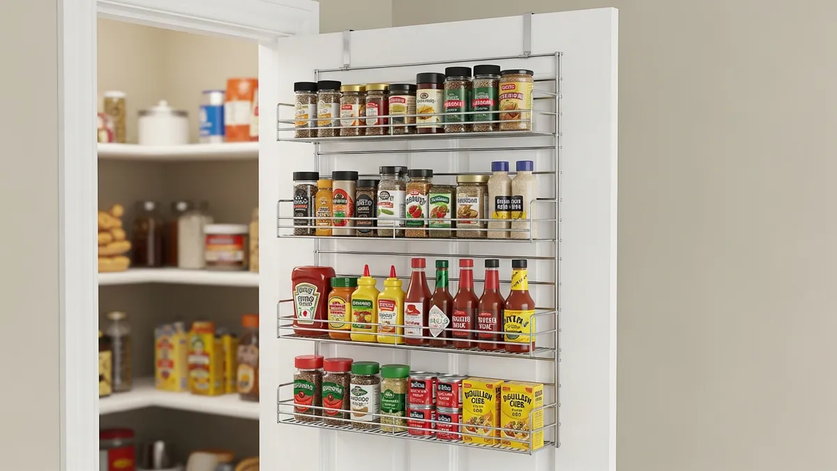 Over-the-door pantry organizer with wire racks for spices and condiments