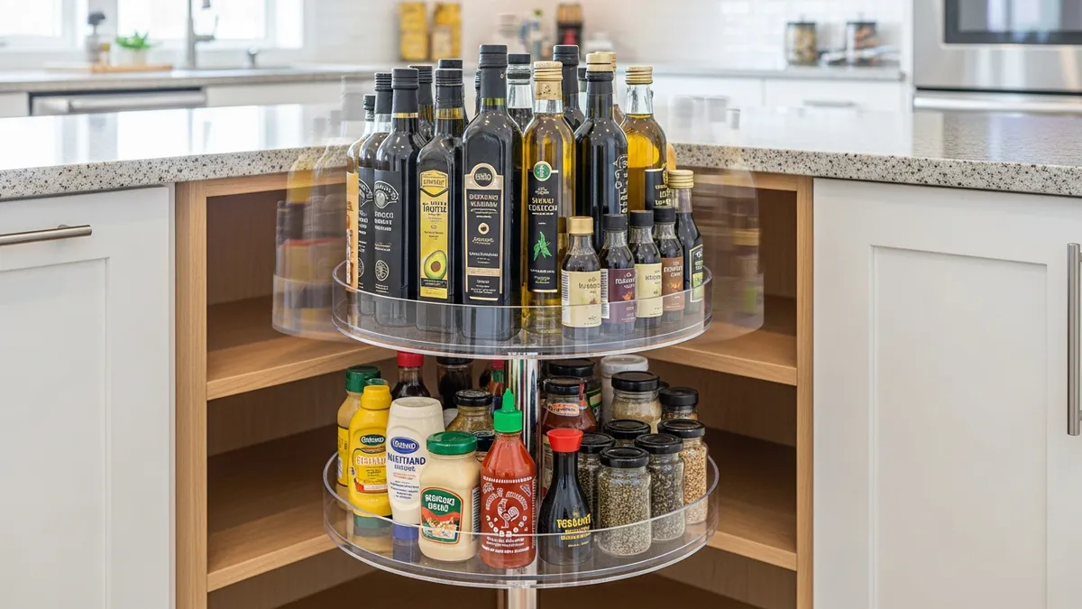 Lazy susan turntable organizers in corner pantry for easy access to condiments