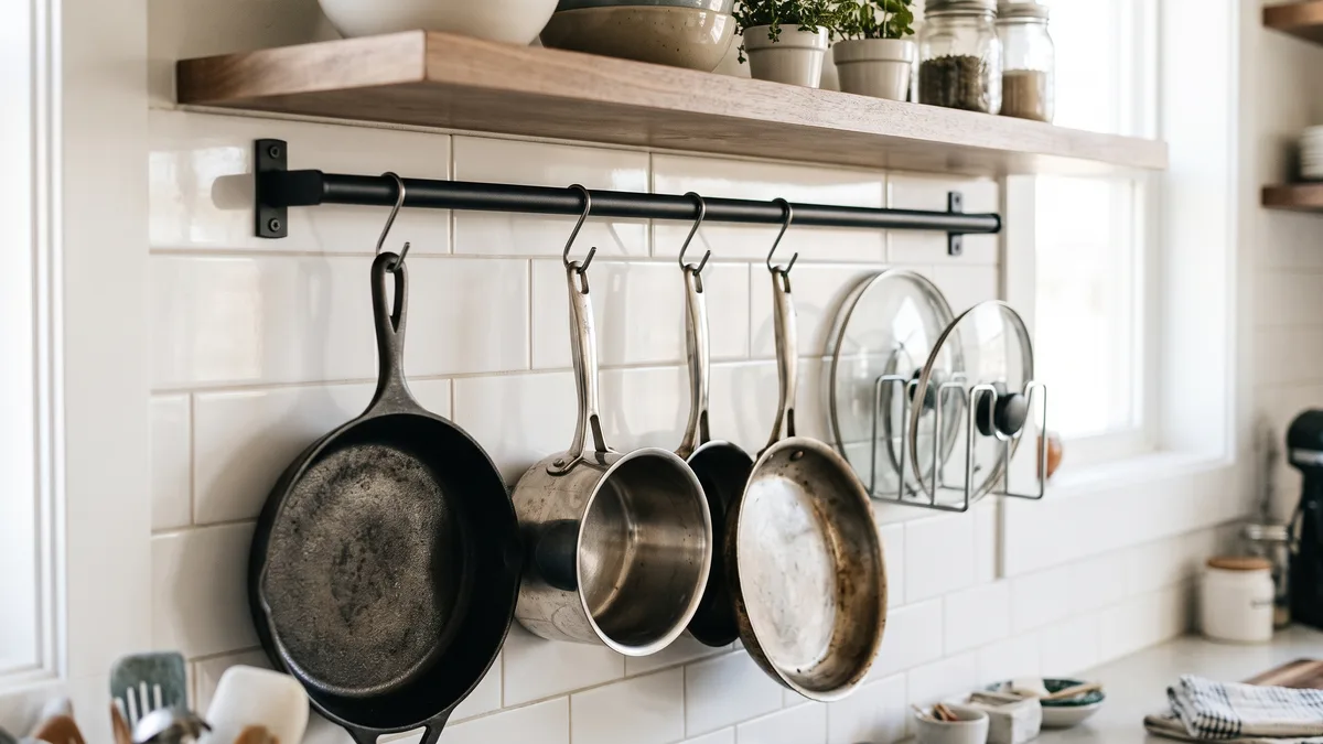 Kitchen wall with a black metal rail under a floating shelf holding stainless steel saucepans, a cast iron skillet and a frying pan on S-hooks, with lids in a slim rack beside them