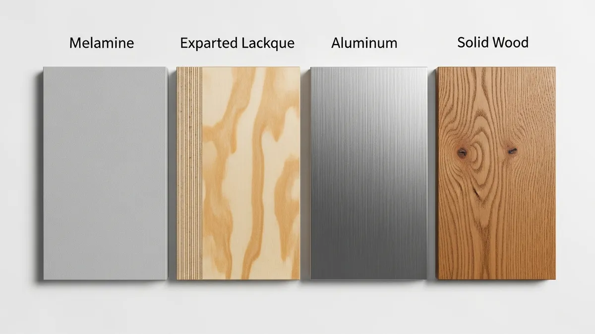 Kitchen set materials comparison showing melamine plywood and aluminum options
