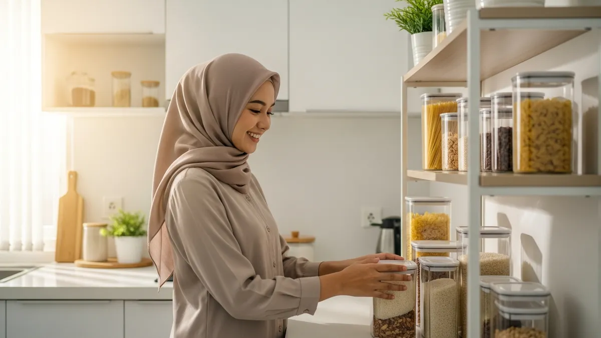 Indonesian woman organizing minimalist kitchen set in home kitchen