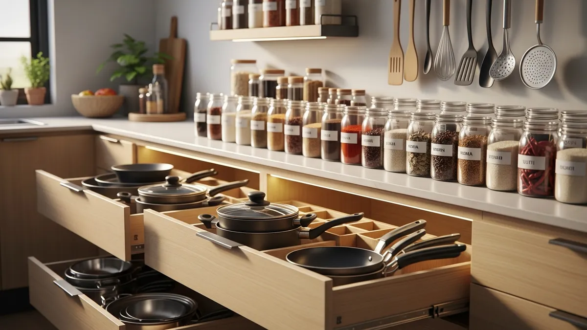 Smart storage solutions in small kitchen with neatly organized shelves and drawers