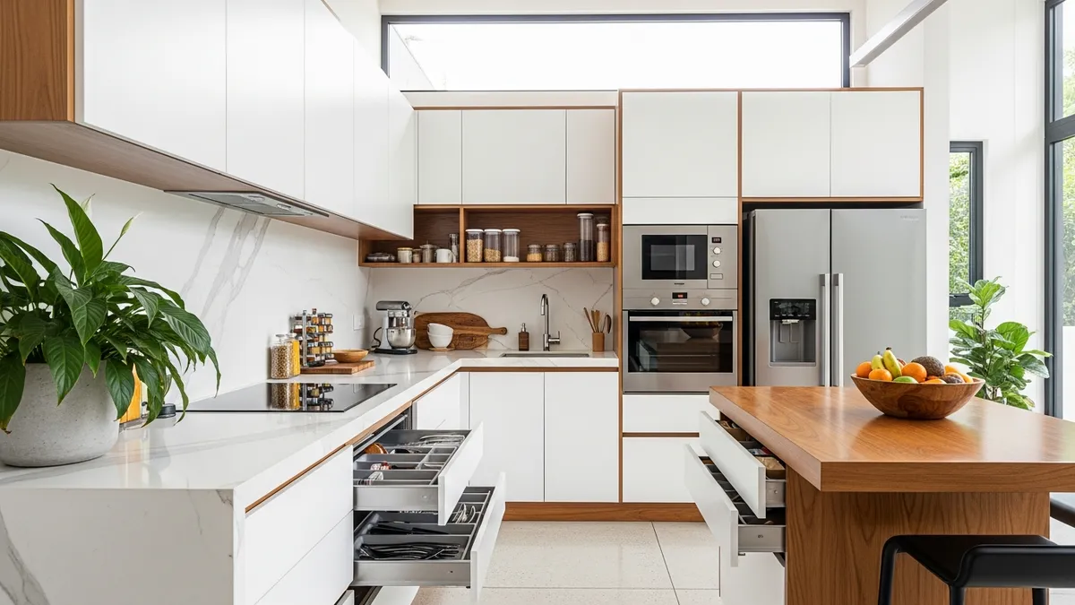 Modern minimalist kitchen set with clean white cabinets and wood accents