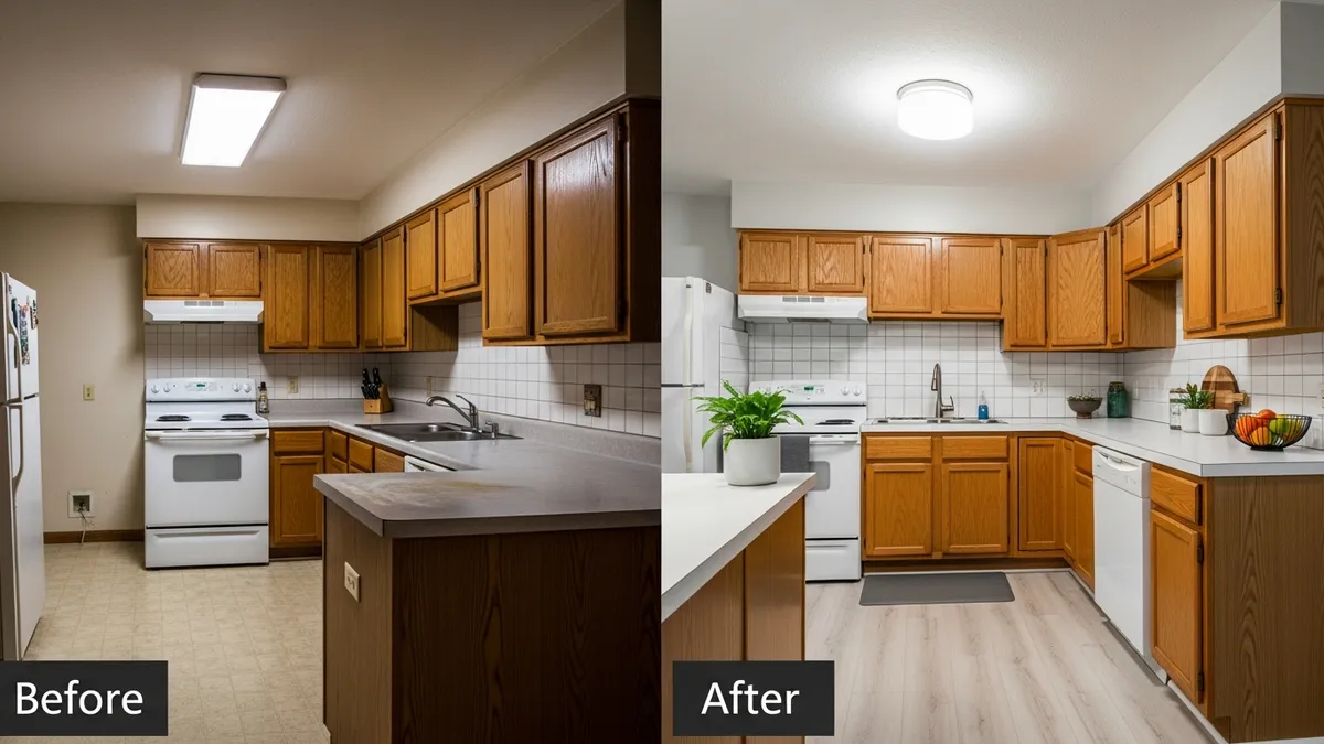 Budget-friendly kitchen set transformation showing affordable renovation results