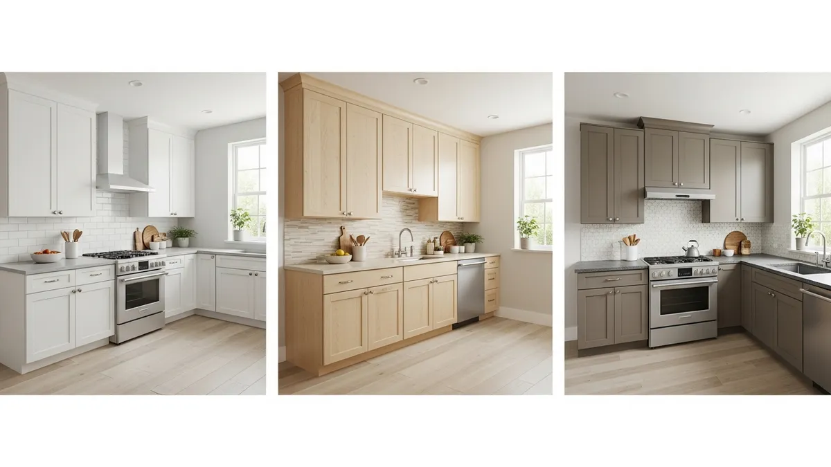 Simple kitchen set color combinations featuring white cabinets and natural wood accents