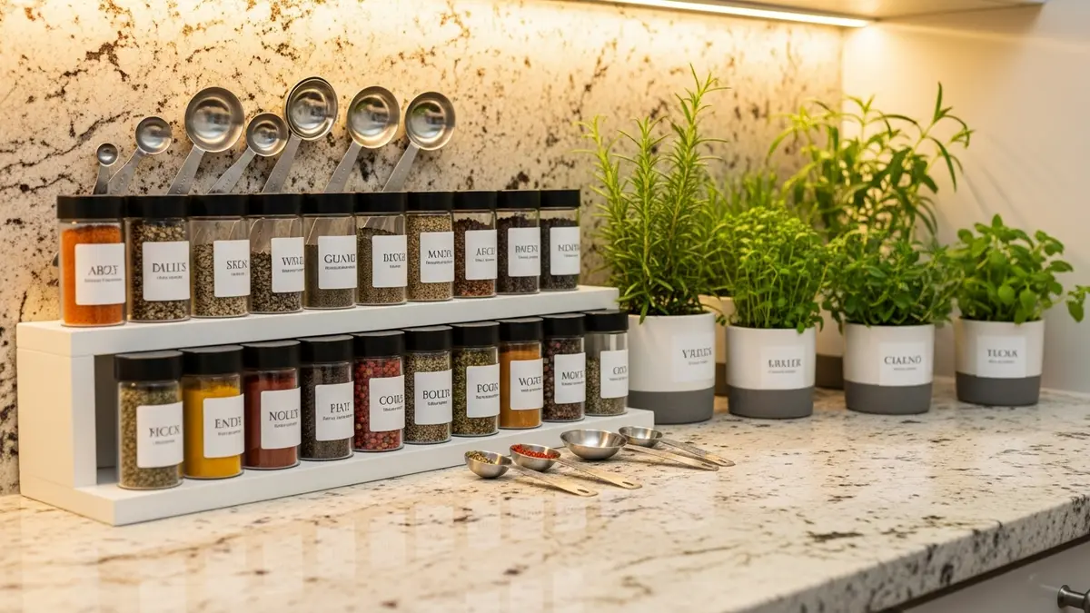Organized spice storage with labeled containers and systematic arrangement for easy kitchen access