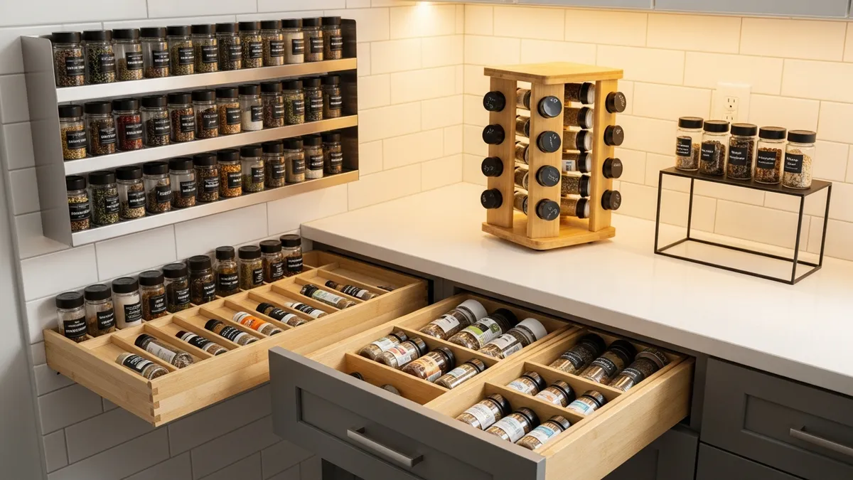 Various types of kitchen spice racks including wall-mounted and countertop storage solutions