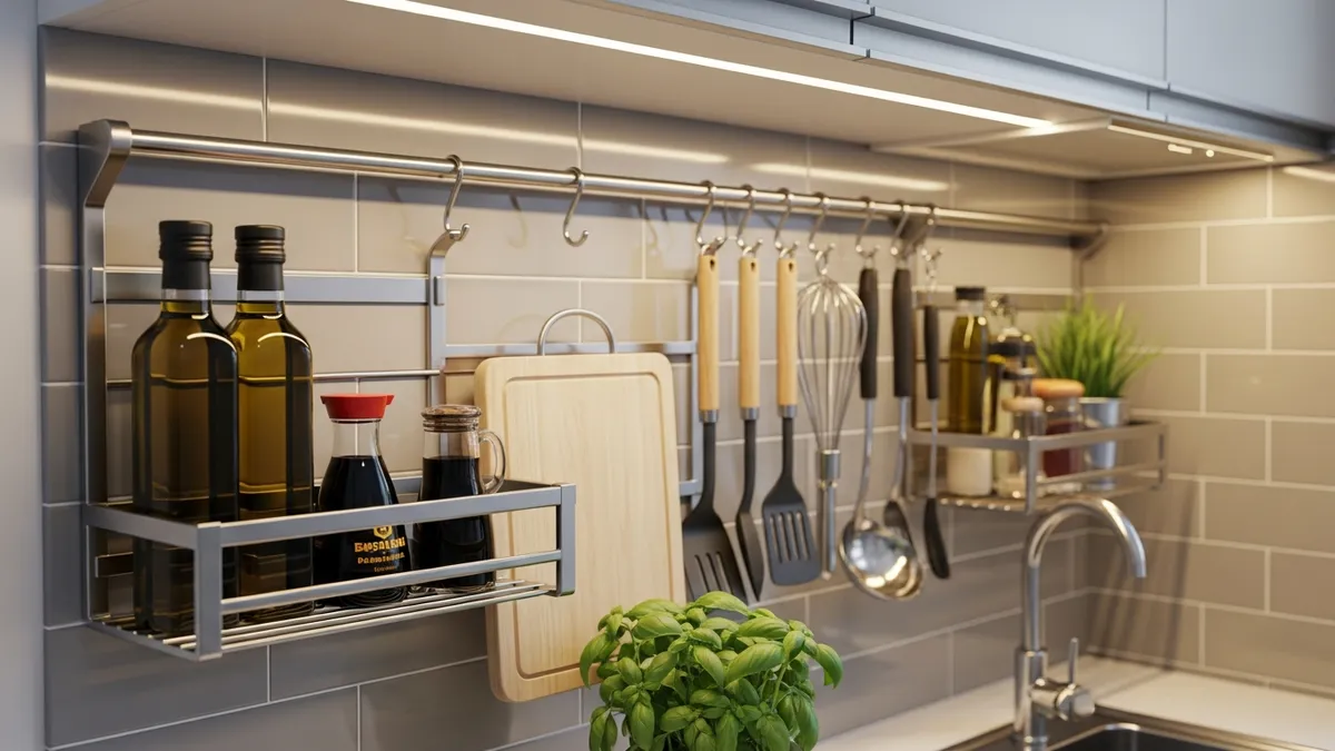 Stainless steel kitchen storage rack in a compact Indonesian apartment kitchen