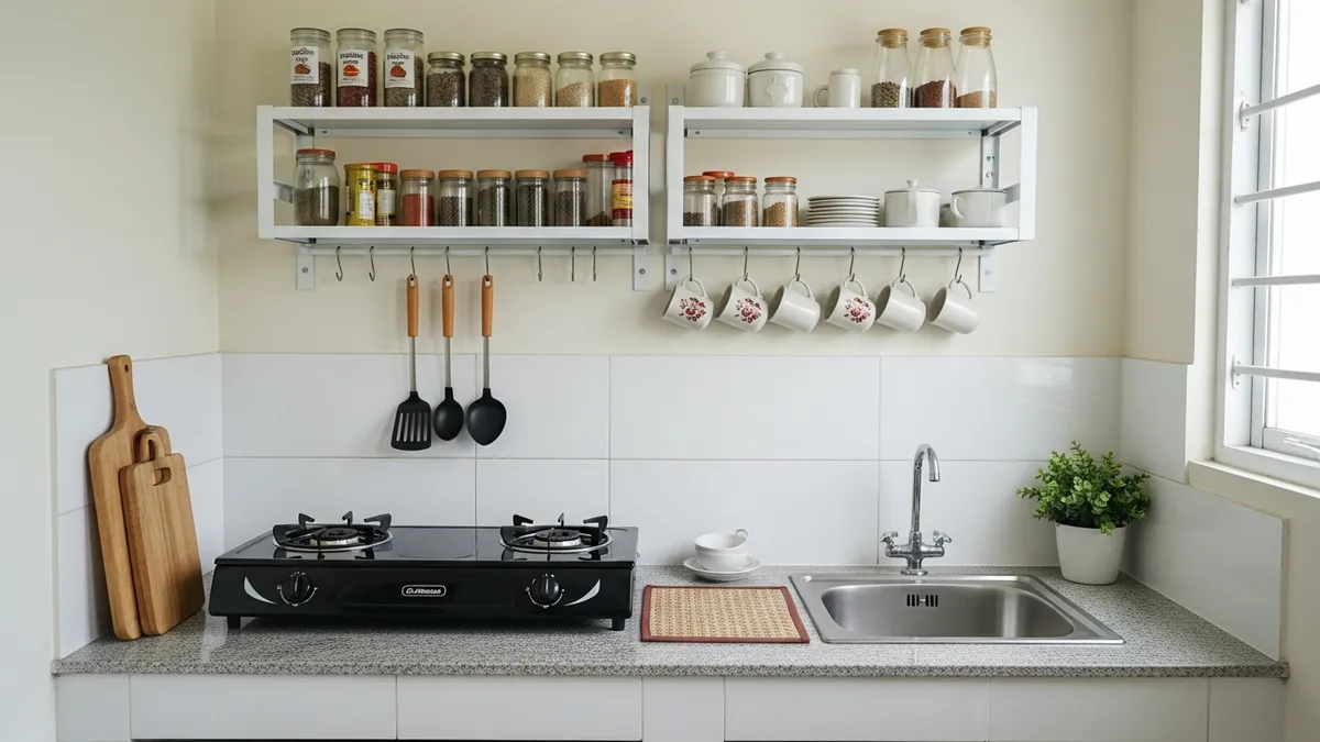 Wall-mounted kitchen storage rack maximizing vertical space in a small Indonesian kitchen