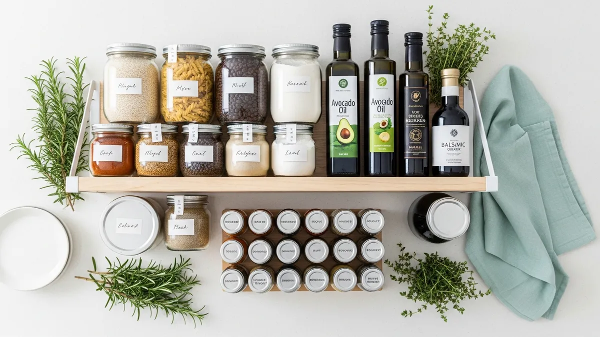 Tiered countertop kitchen storage rack with labeled jars and spice bottles for organized cooking area