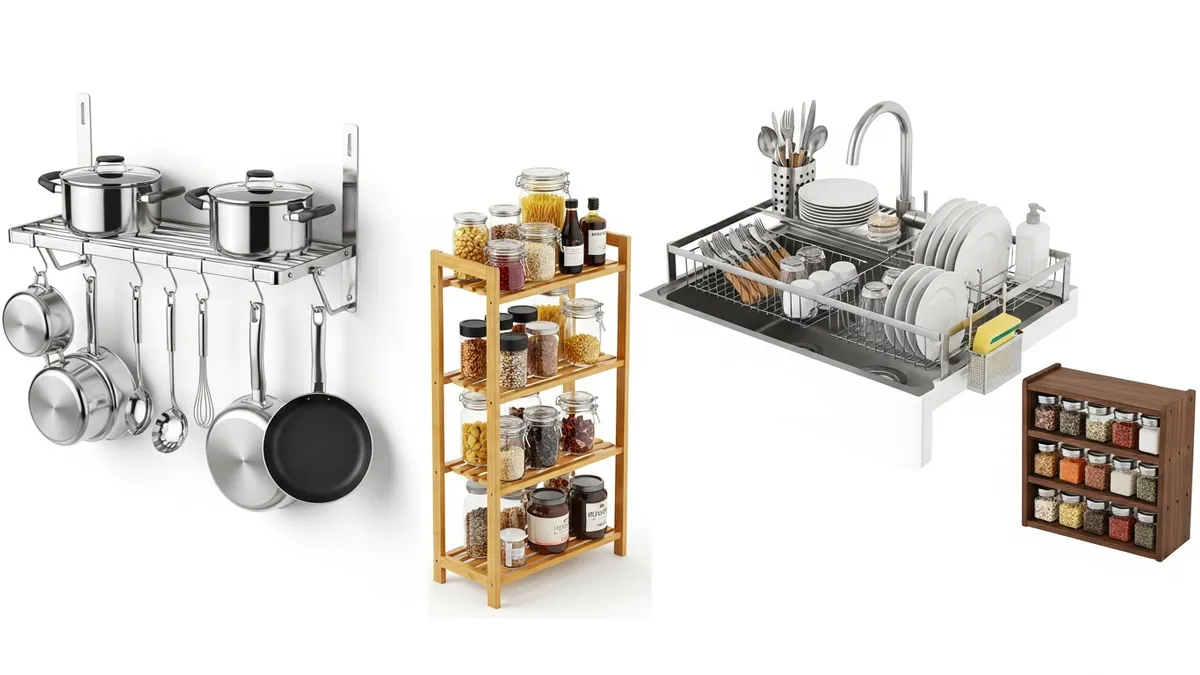 Different types of kitchen storage racks including wall-mounted, freestanding, and countertop options