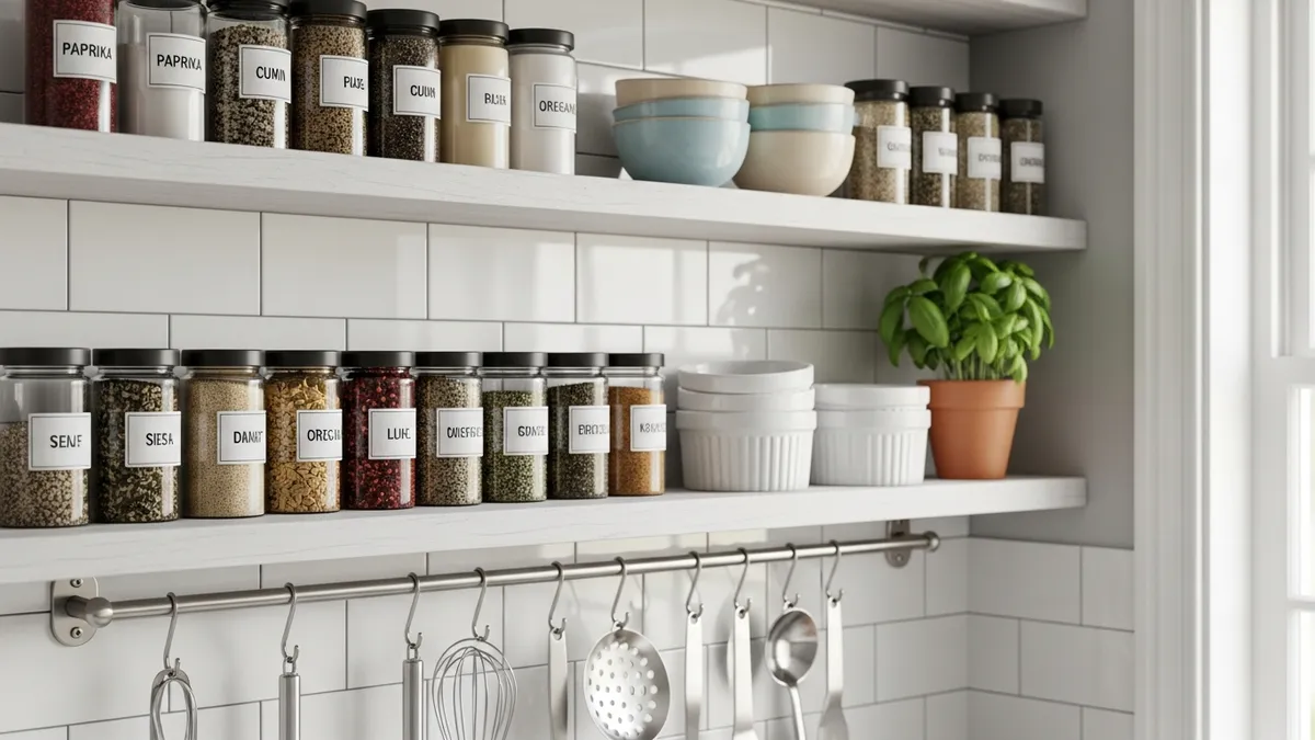 Open kitchen wall shelves with labeled spice jars and cooking tools for organized kitchen storage
