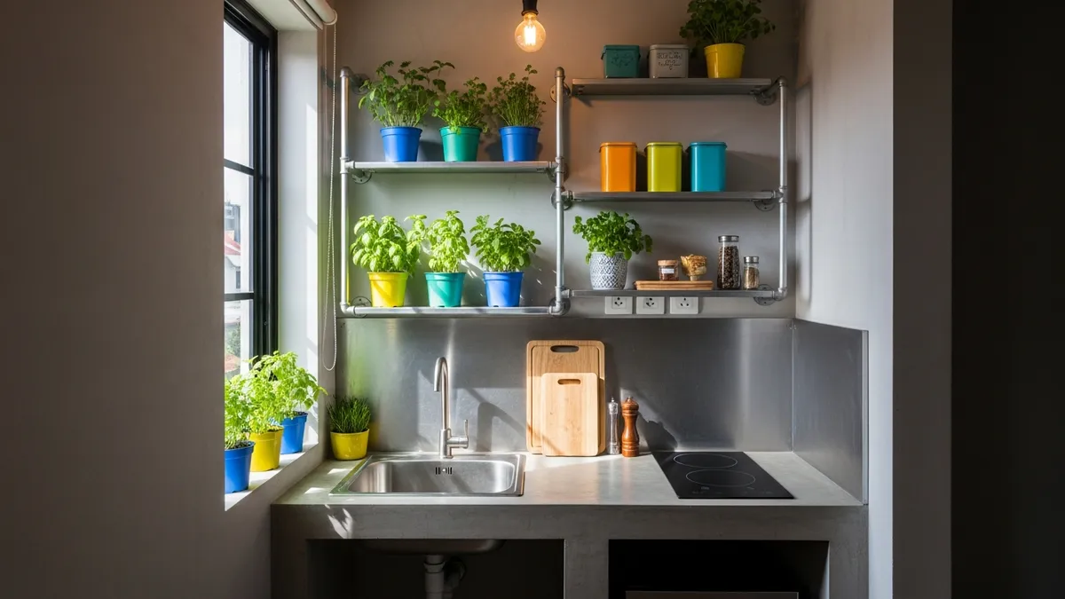 Industrial style metal pipe kitchen wall shelf ideas for small apartment kitchen with herb plants and containers