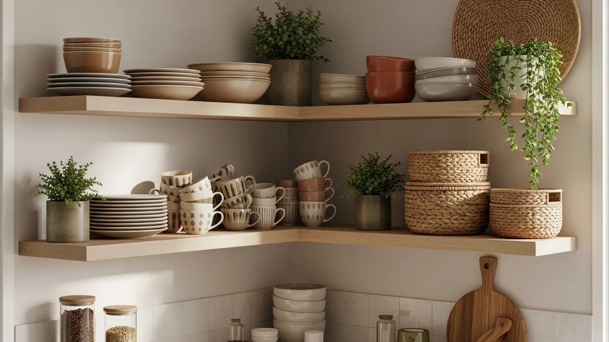 Corner kitchen wall shelf with plates cups and decorative plants in Scandinavian style Indonesian home
