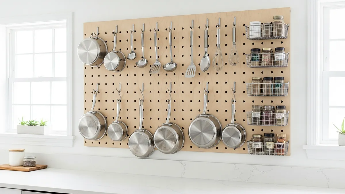 DIY pegboard kitchen wall shelf organizer with pots pans and spice baskets for space-saving storage