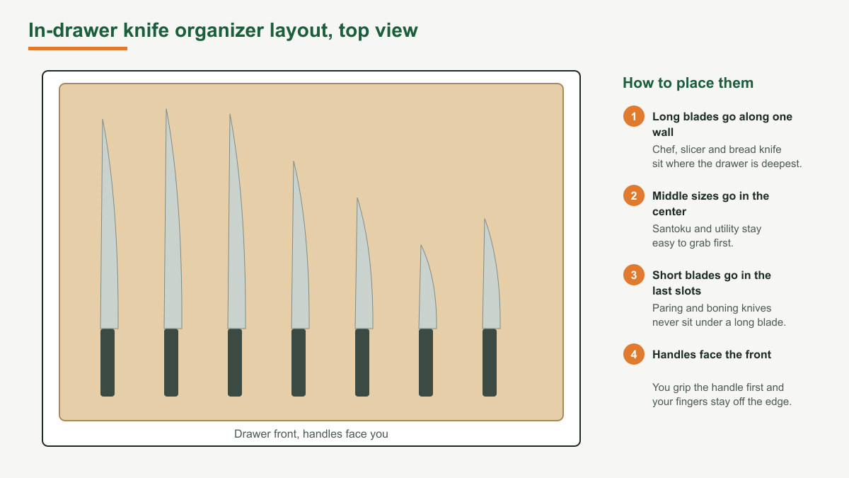 Top view diagram of an in-drawer knife organizer: long blades such as a chef knife, slicer and bread knife along one wall, middle sizes such as a santoku and utility knife in the center, short paring and boning knives in the last slots, and all handles facing the front of the drawer