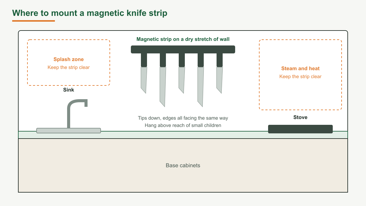 Diagram of a kitchen wall showing where to mount a magnetic knife strip: on a dry stretch of wall between the sink and the stove, clear of the sink splash zone and the steam and heat above the stove, with knives hung tips down and above the reach of small children
