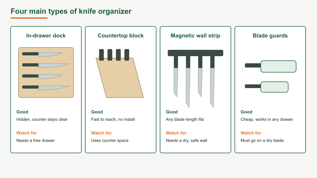 Diagram comparing four types of knife organizer: an in-drawer dock that keeps the counter clear but needs a free drawer, a countertop block that needs no install but uses counter space, a magnetic wall strip that fits any blade length but needs a dry safe wall, and blade guards that work in any drawer but must go on a dry blade