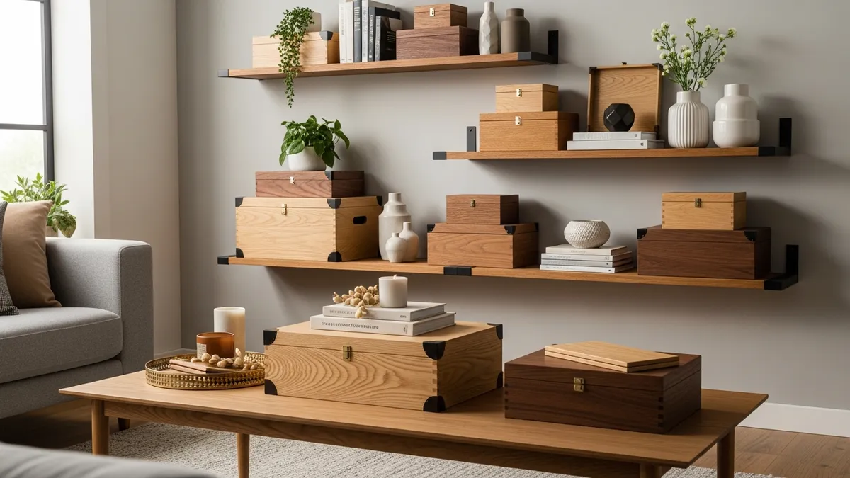 Wooden storage boxes used as decorative and functional elements in modern living room