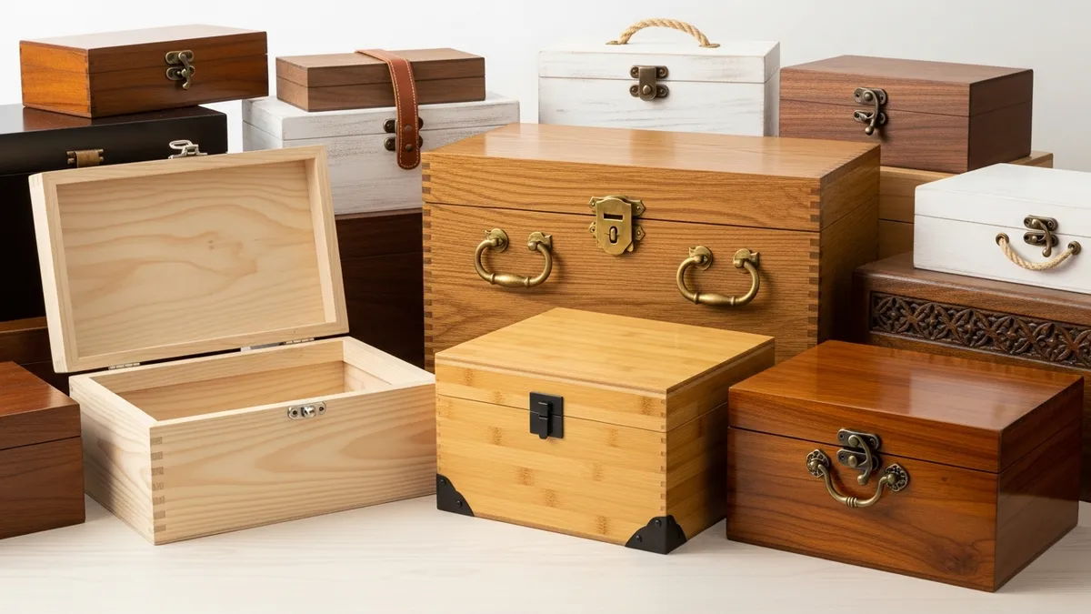 Various types of wooden storage boxes showing different wood materials and designs