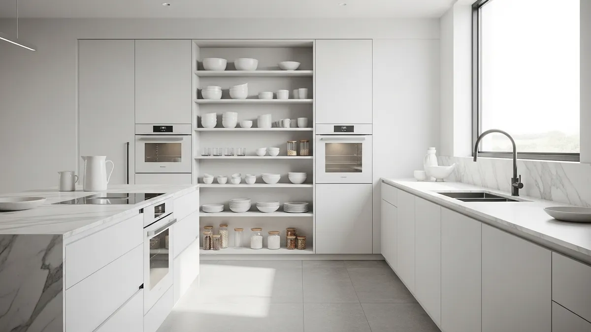 Latest minimalist kitchen set models 2026 featuring clean white cabinets and modern design