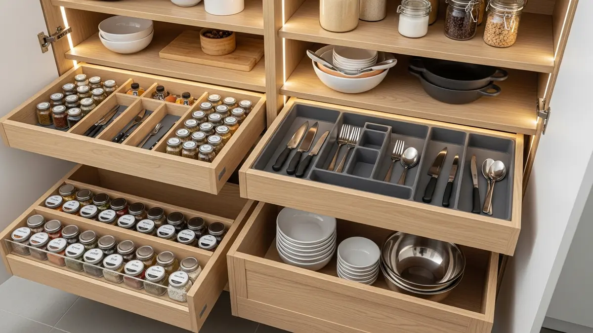 Interior view of latest minimalist kitchen set models showing smart storage organization features