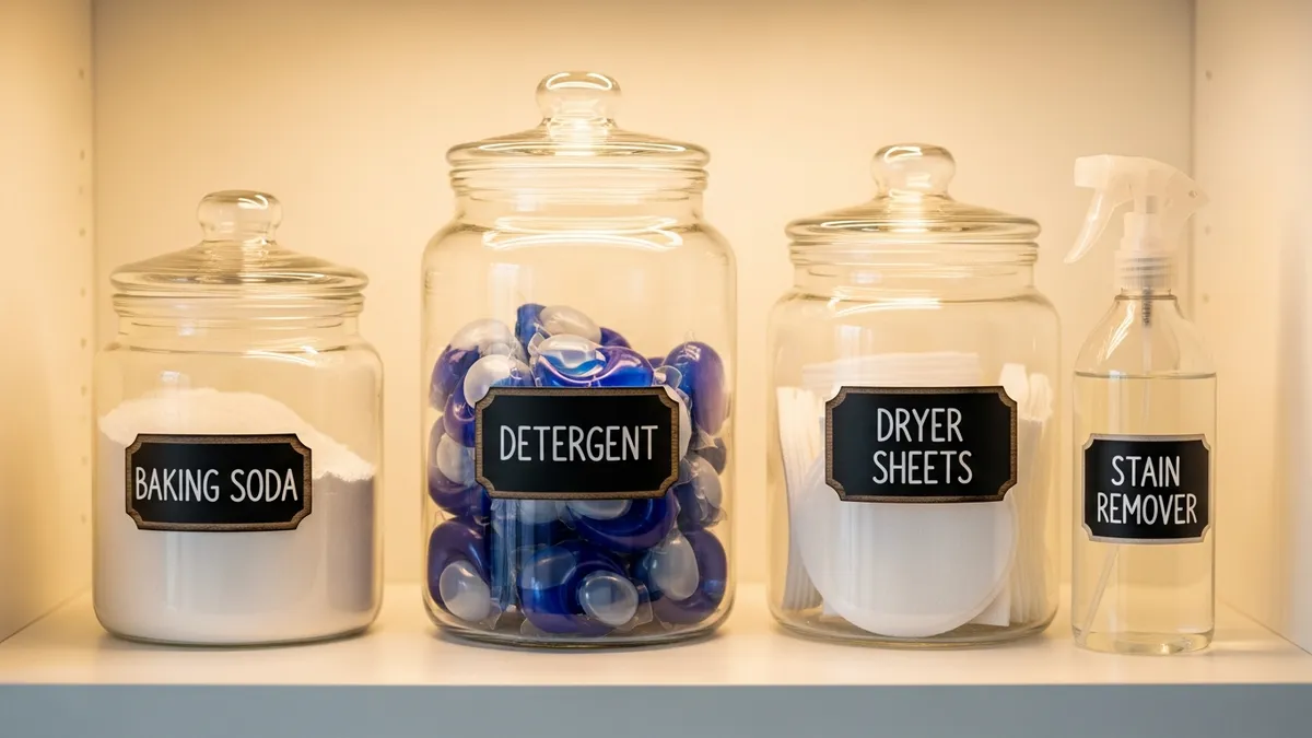 Labeled laundry room organization containers with chalkboard tags for detergent and laundry supplies