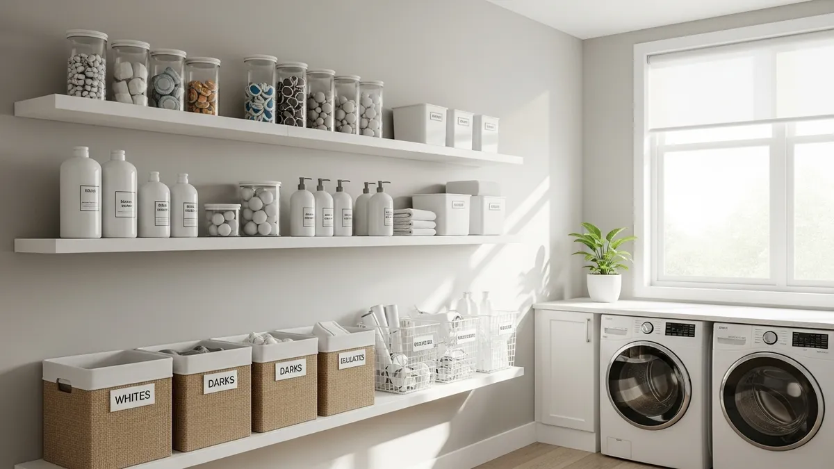Laundry room shelves with matching organization containers holding detergent, pods, and fabric softener