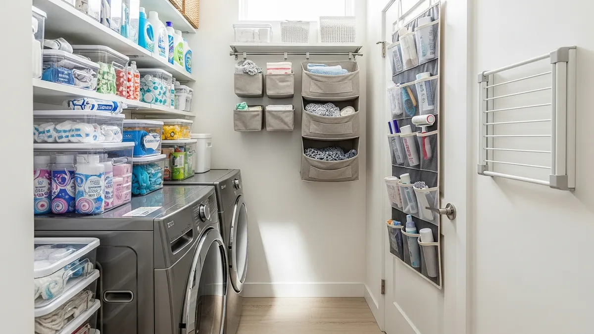 Small laundry room organization containers maximizing vertical space with stackable bins and over-door storage