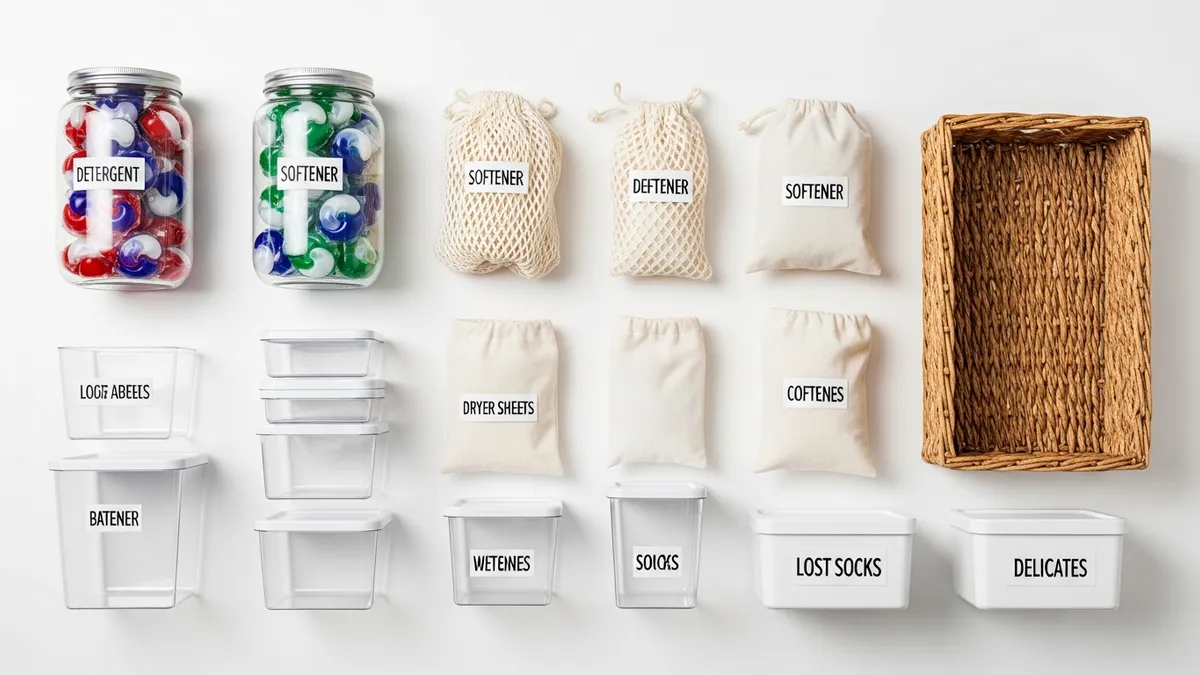 Different types of laundry room organization containers including clear jars, bins, baskets, and stackable storage