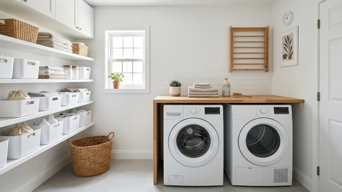 Bright modern laundry room with open white shelving labeled storage bins and stacked washer dryer units