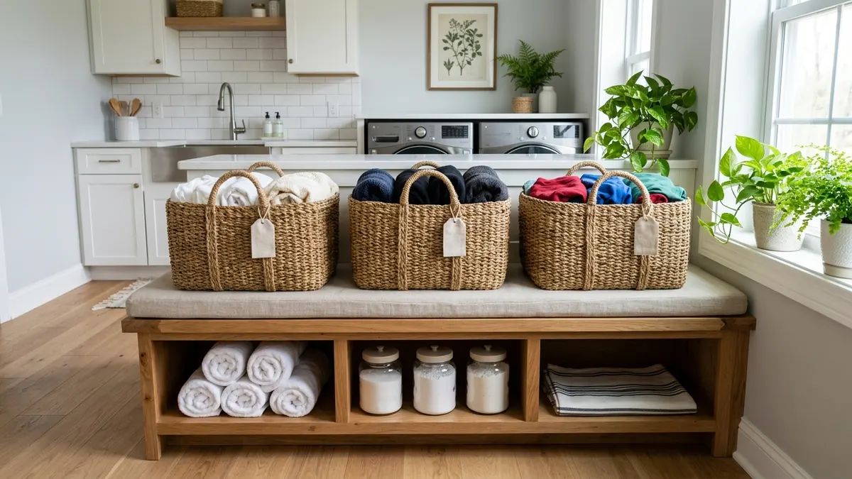 Sorted woven laundry baskets on built-in bench with storage cubbies for whites darks and colors