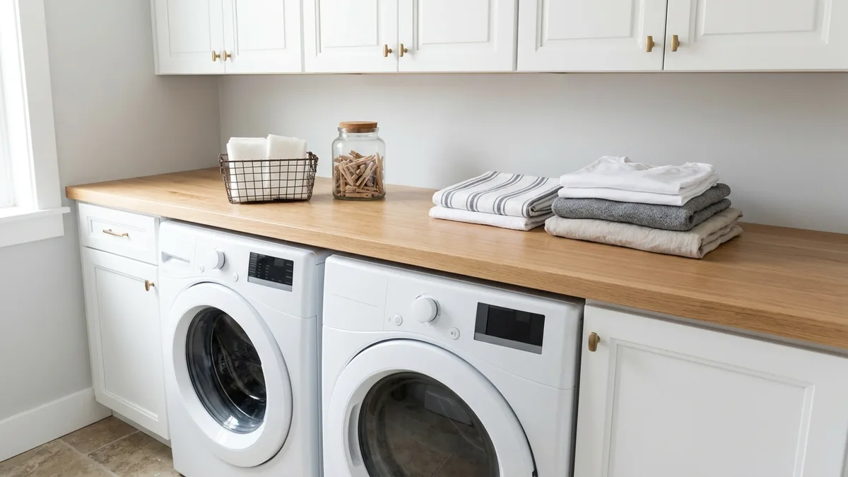 Organized laundry room countertop above washer and dryer with wire basket glass jar and folded laundry