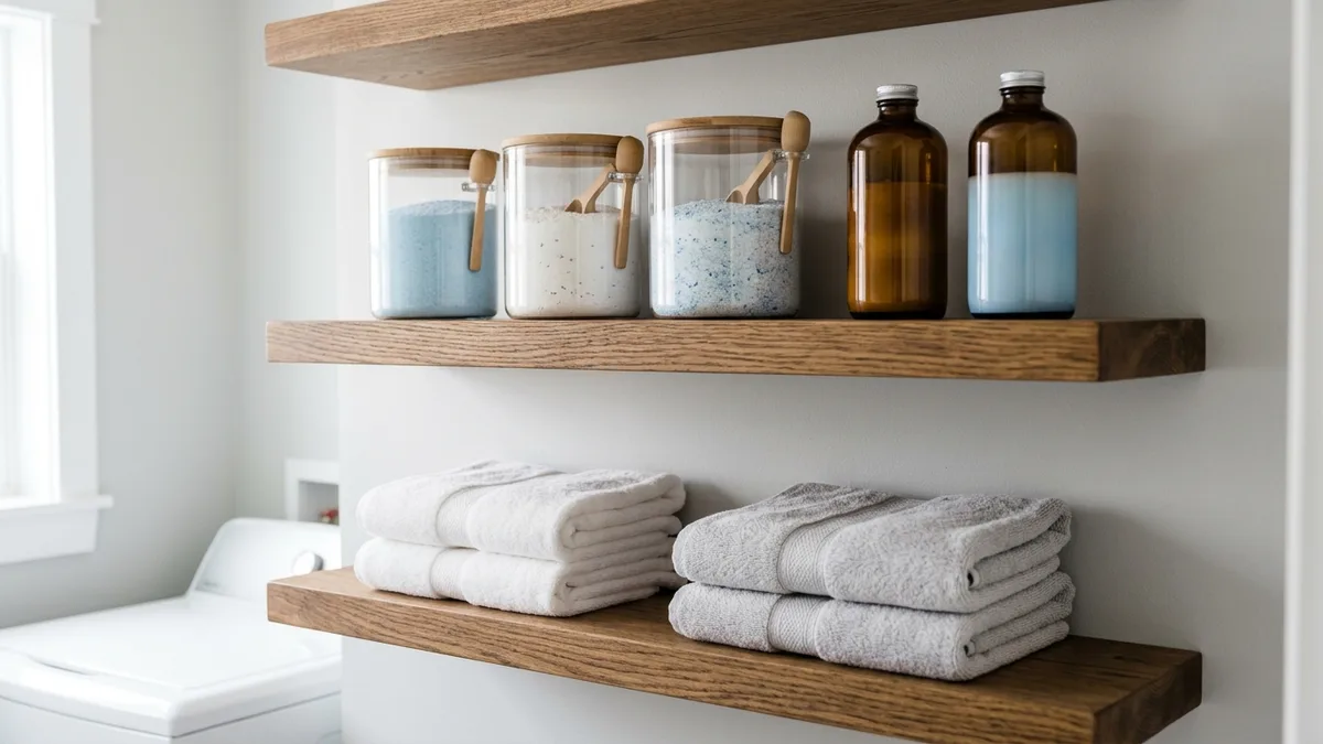 Wall-mounted floating shelves in laundry room holding clear canisters with laundry supplies and folded towels