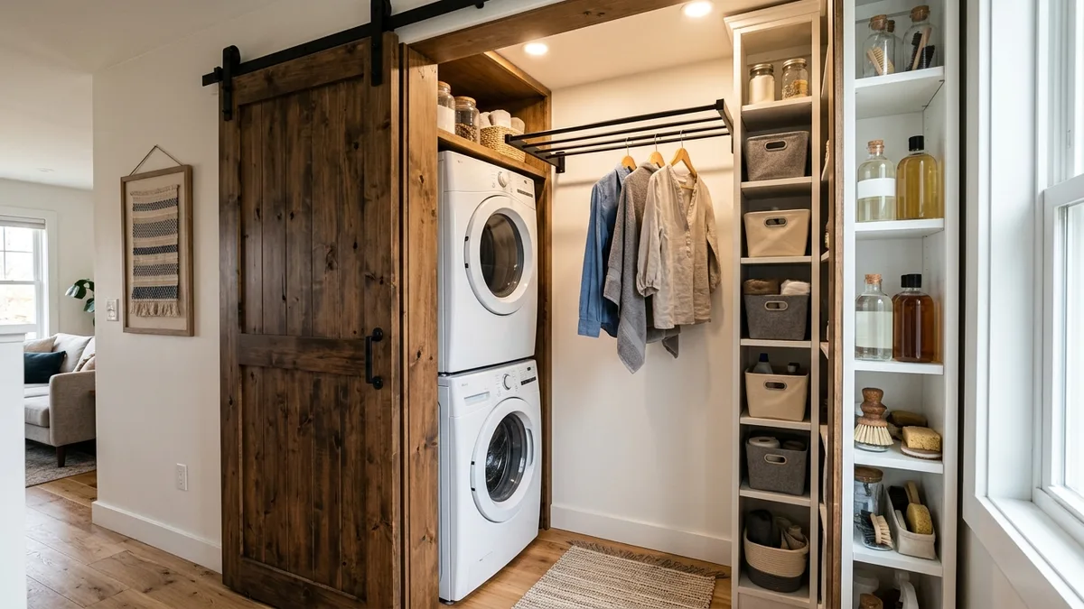 Compact laundry closet with stacked washer dryer retractable drying rod and narrow shelving unit